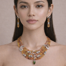 9K Yellow Gold Natural Sapphire & Diamond Necklace & Earrings Set | Multi-Strand Statement Fine Jewelry - Necklace
