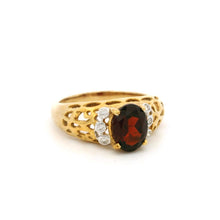 9K Yellow Gold Vintage Statement Ring | Natural Oval Garnet & Diamond Accent Filigree Band | Classic Design - Ring