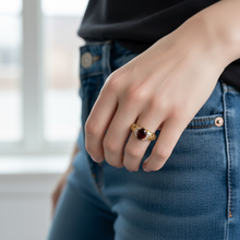 9K Yellow Gold Vintage Statement Ring | Natural Oval Garnet & Diamond Accent Filigree Band | Classic Design - Ring