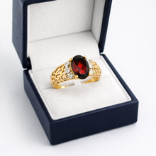 9K Yellow Gold Vintage Statement Ring | Natural Oval Garnet & Diamond Accent Filigree Band | Classic Design - Ring