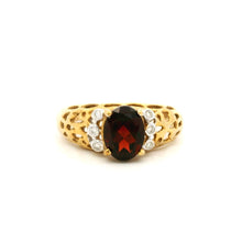 9K Yellow Gold Vintage Statement Ring | Natural Oval Garnet & Diamond Accent Filigree Band | Classic Design - Ring