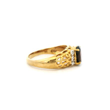 9K Yellow Gold Vintage Statement Ring | Natural Oval Garnet & Diamond Accent Filigree Band | Classic Design - Ring