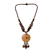 Handmade Natural Wood Floral Carved Pendant with Light Coconut Shell Tassels Ethnic Jewelry