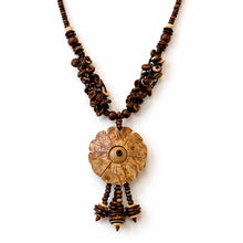 Handmade Natural Wood Floral Carved Pendant with Light Coconut Shell Tassels Ethnic Jewelry