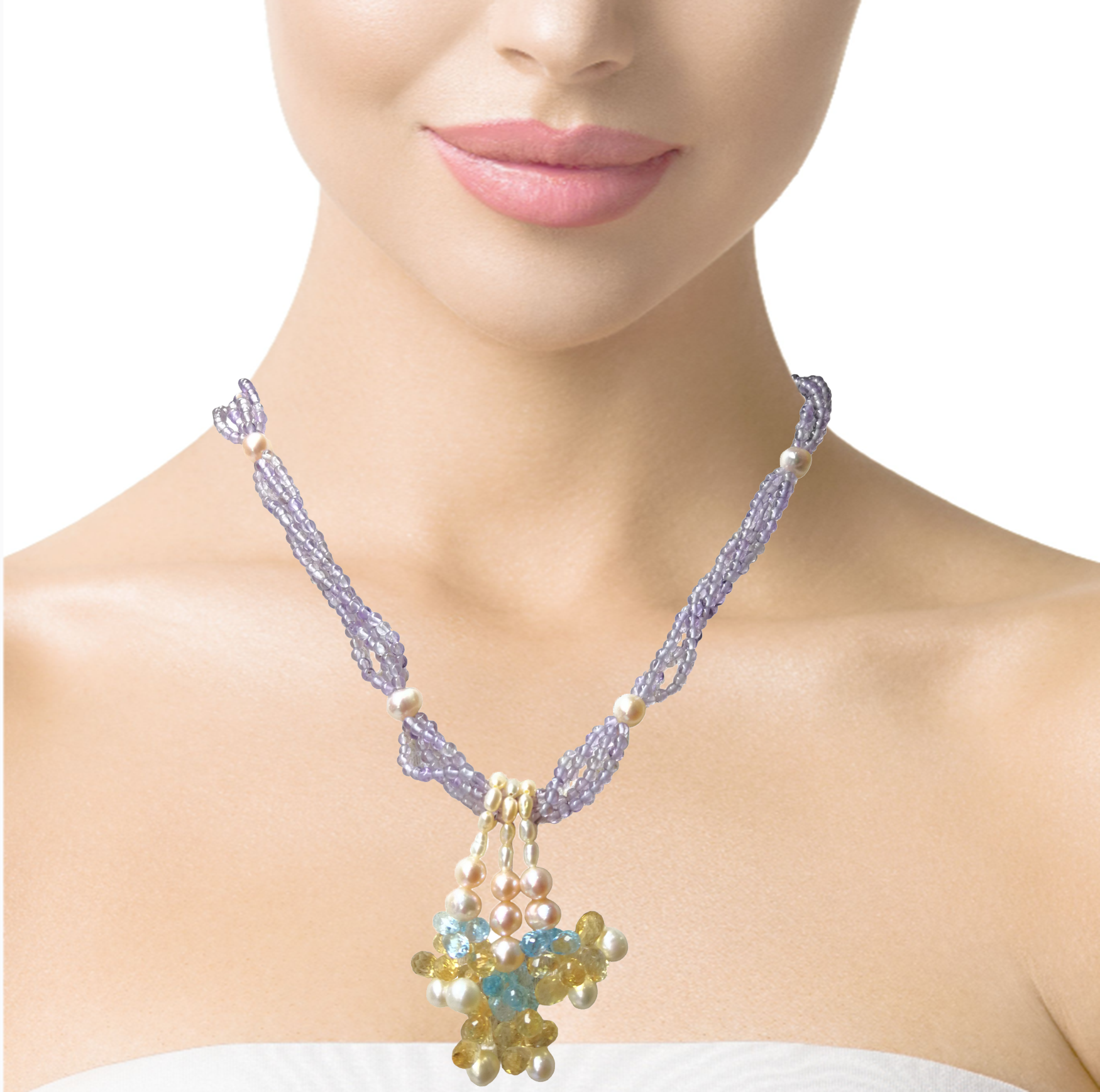 Natural Handmade Necklace 16"-18" Blue Topaz, Citrine, Pearls Amethyst Gemstone Beads Jewelry