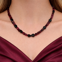 Natural Garnet Gemstone Necklace | 7mm Rectangular Tube & 8mm Heart Accent Beads 16.5