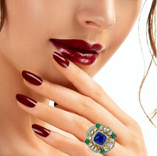 14K Yellow Gold Diamond Polki Tanzanite Emerald Ring – Colorful Blend of Gemstones in Royal Setting