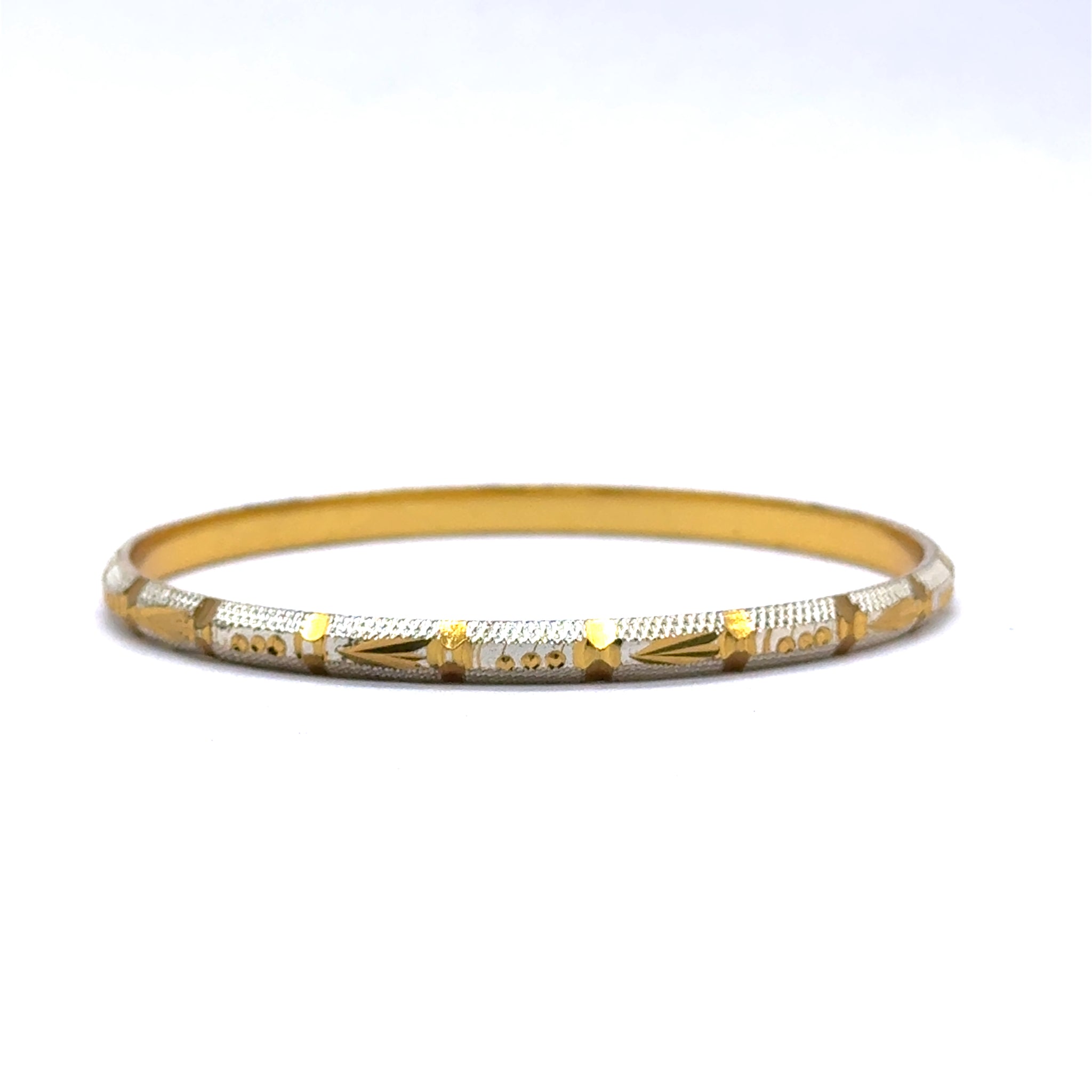 White Yellow Gold Plated metal Bangles Showcasing Traditional Design with Engraved Geometric Elements