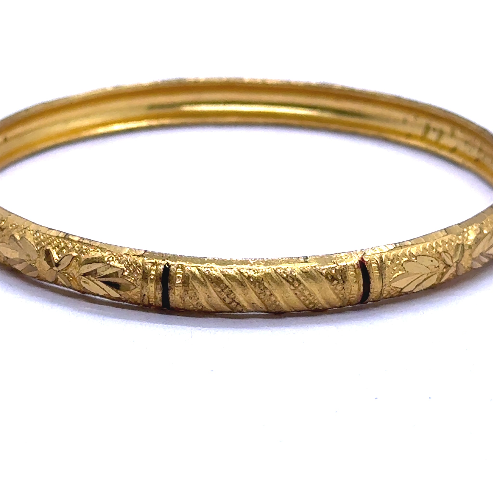 Set of Yellow Gold Plated metal Bangles with Artistic Engraved Segments and Classic Geometric Patterns