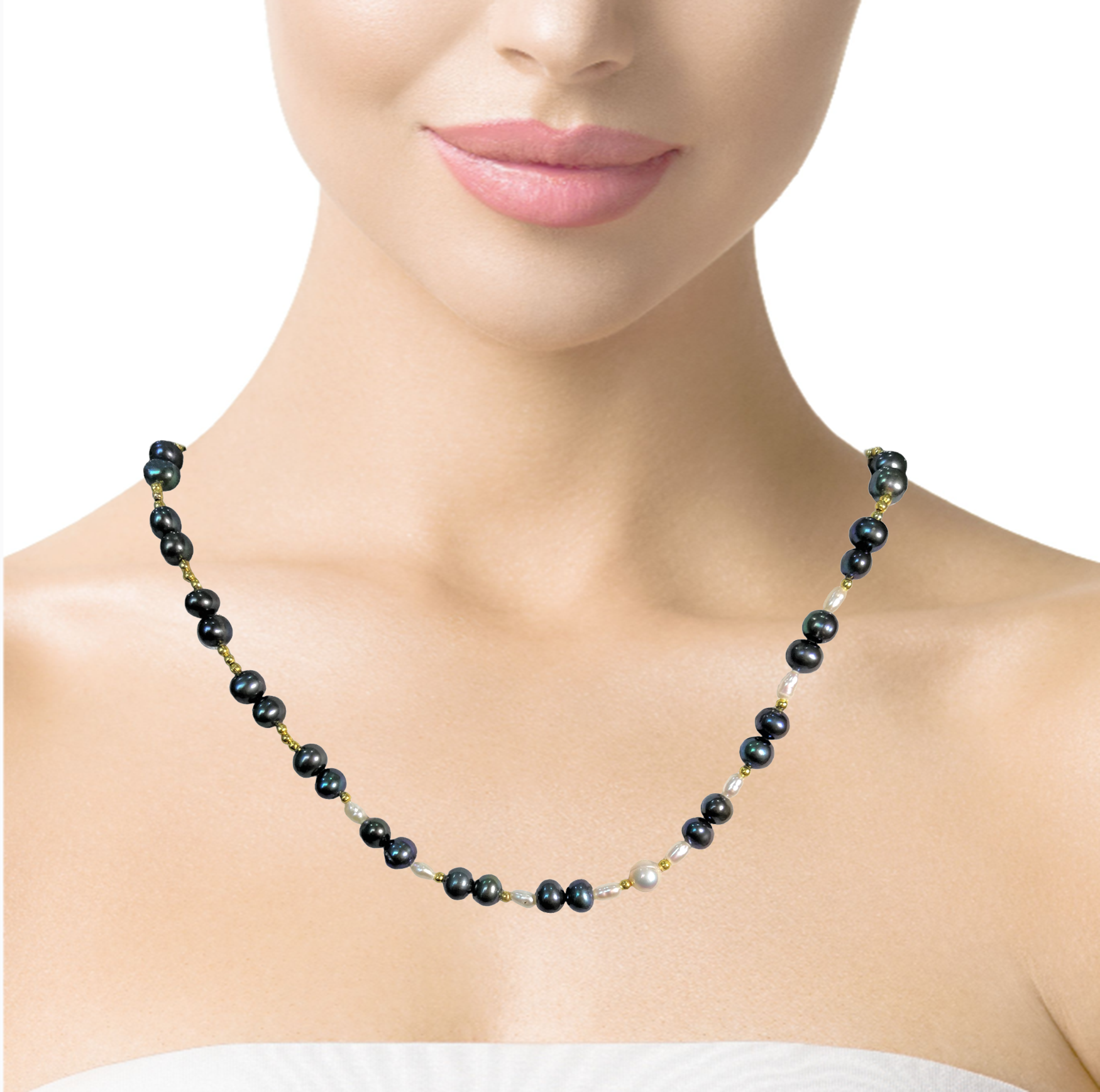 Natural Handmade Necklace 16"-18" Black and White Pearls Gem Beads Jewelry