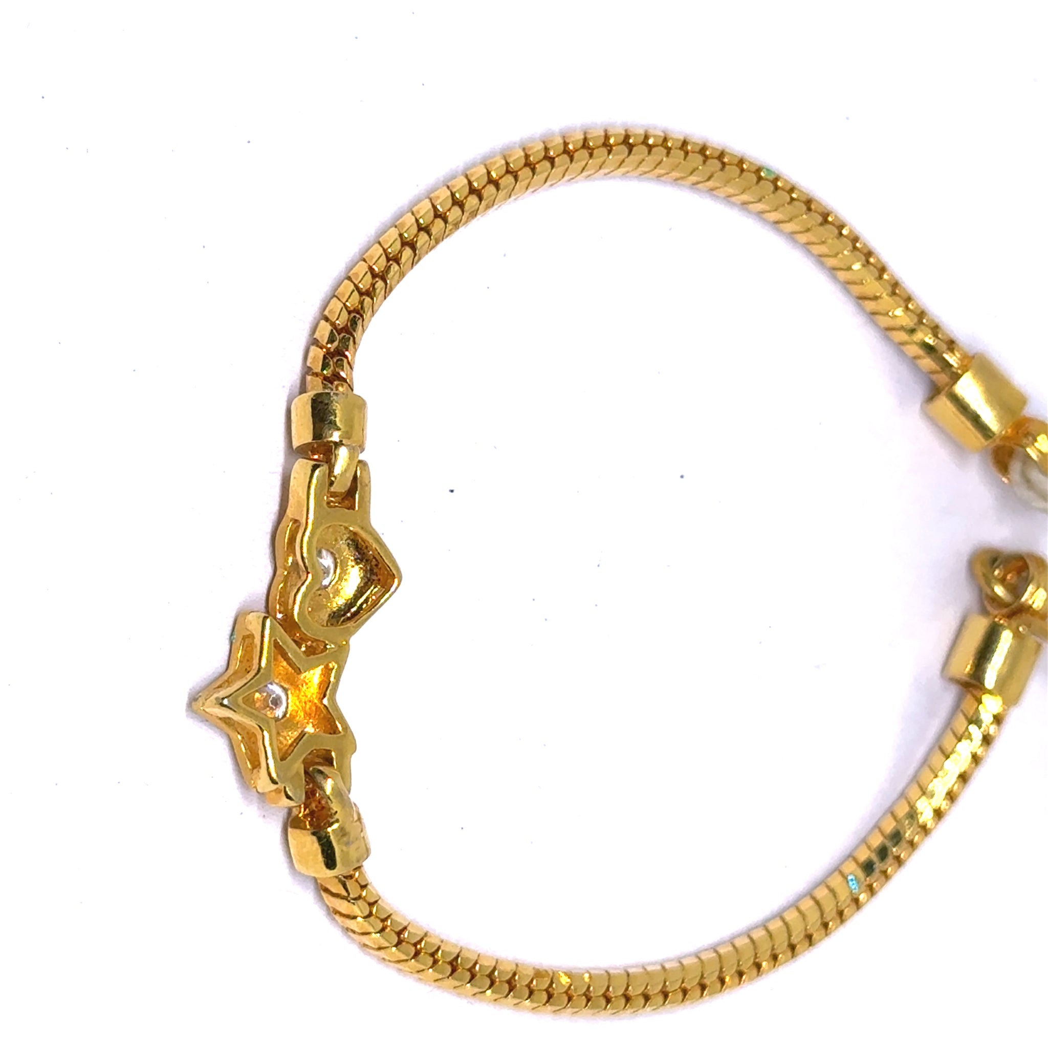 Yellow Gold Micron Plated Snake Chain Bracelet – Heart & Star Charms with CZ Sparkle