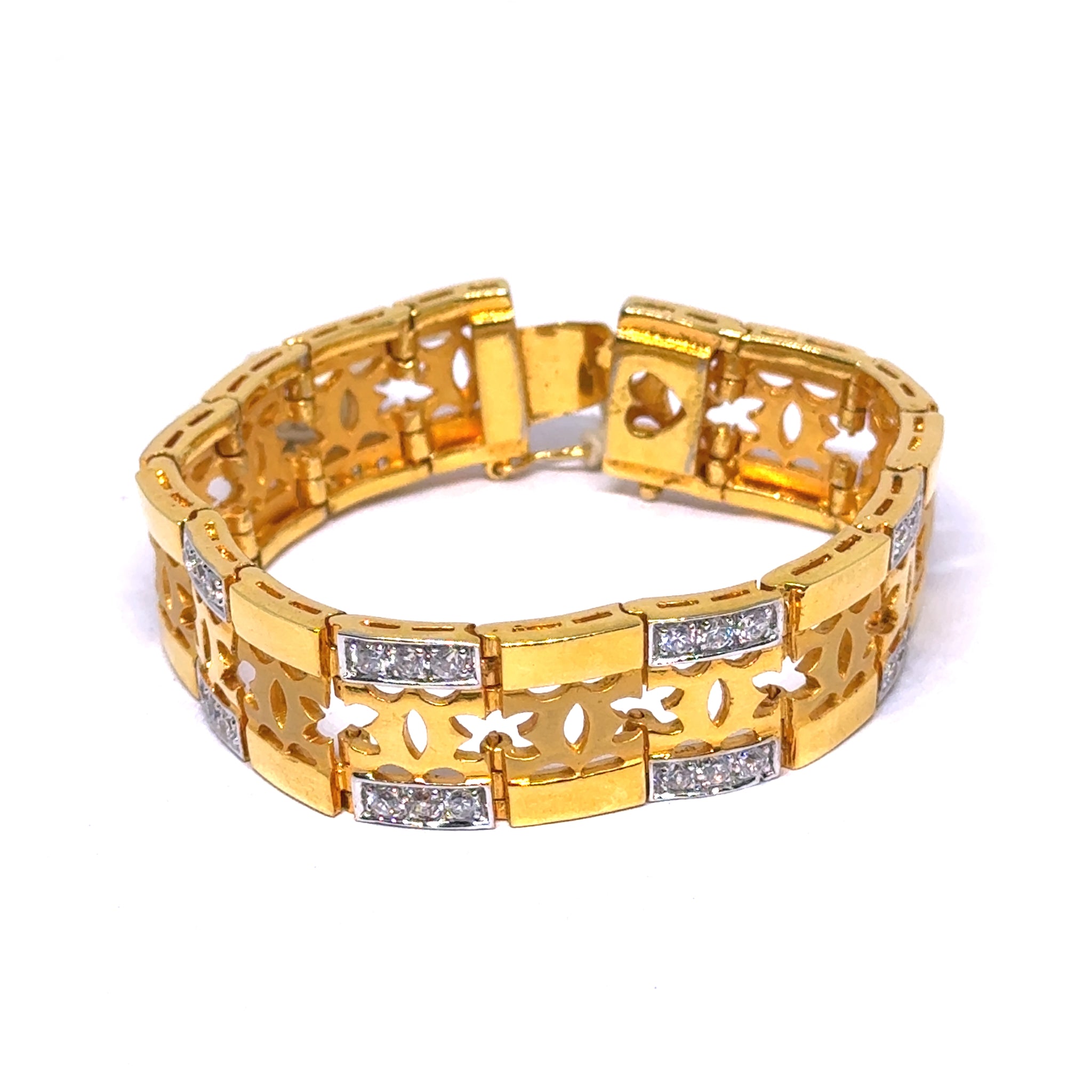 Yellow Gold CZ Floral Link Bracelet – Elegant Unisex Style with Polished Finish
