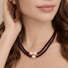 Natural Garnet Tyre & Button Pearl Duo Strand Gemstone Necklace