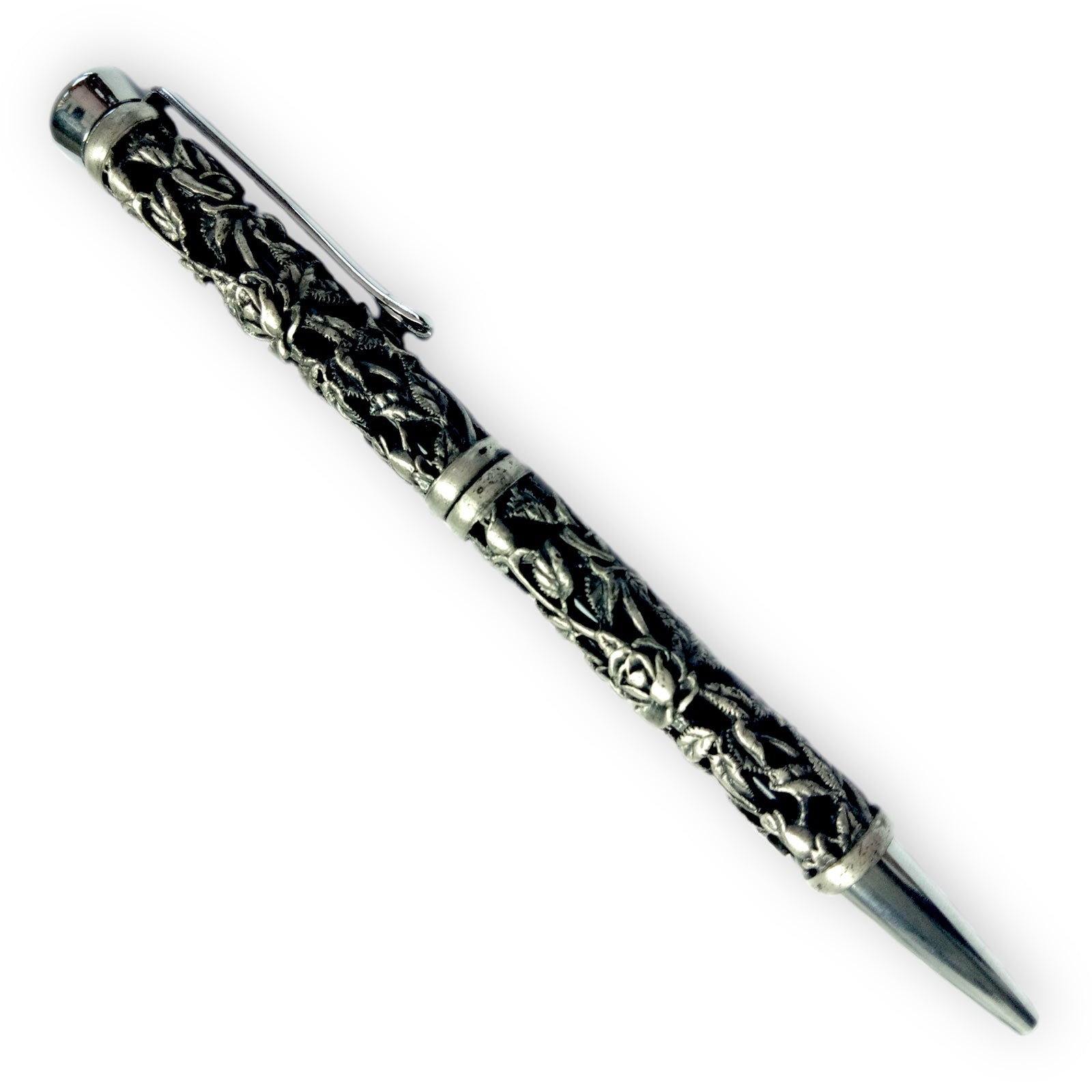 Luxury Black Handcrafted Writing Pen With Unique Silver Embossed Carving