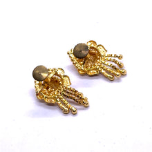Teardrop Engraved Stud Gold Tone Earrings Pair with Red Detailing and Chain Drops Enamel Retro Jewellery