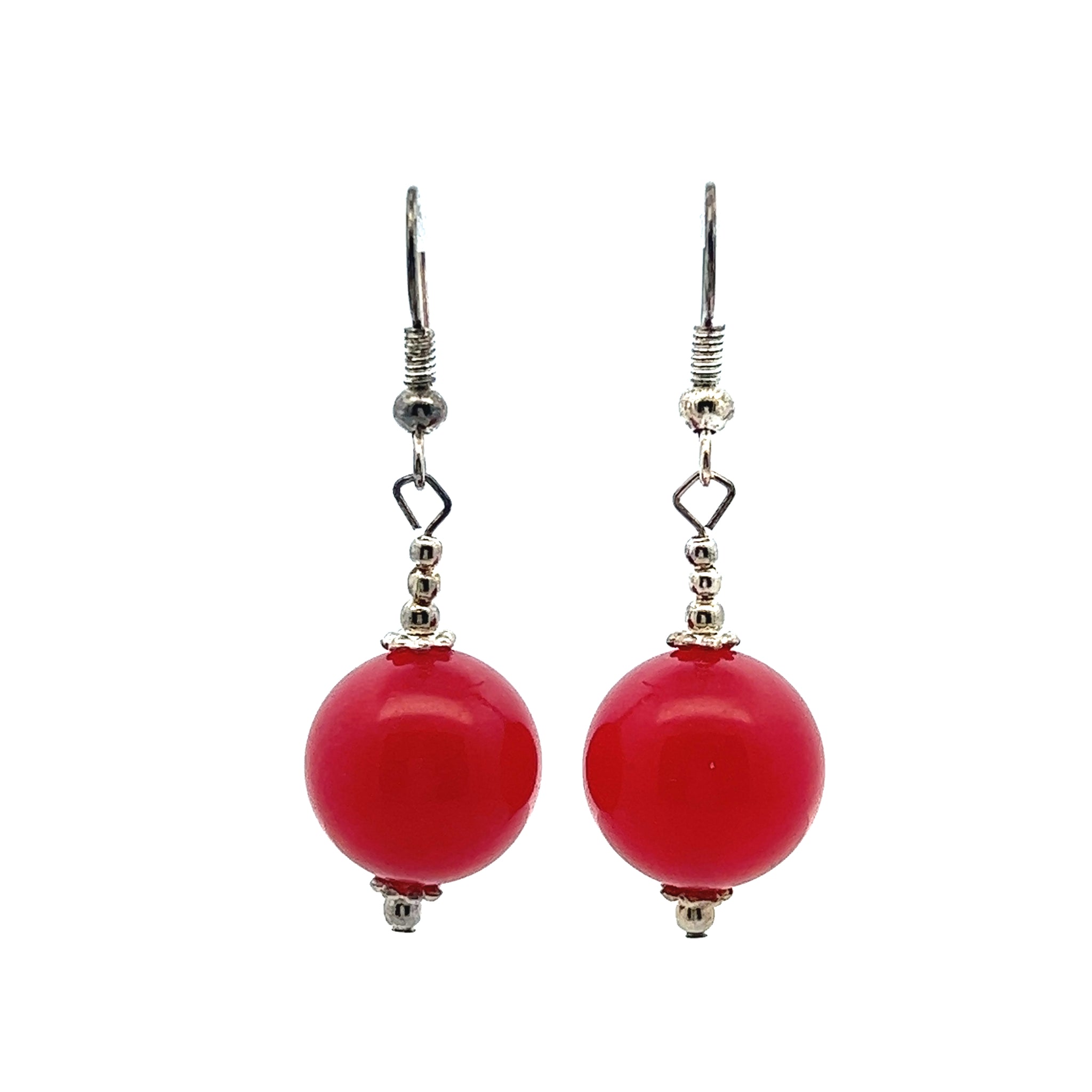 Jade Red 14mm Ball Plain Dangle Gemstone Earrings