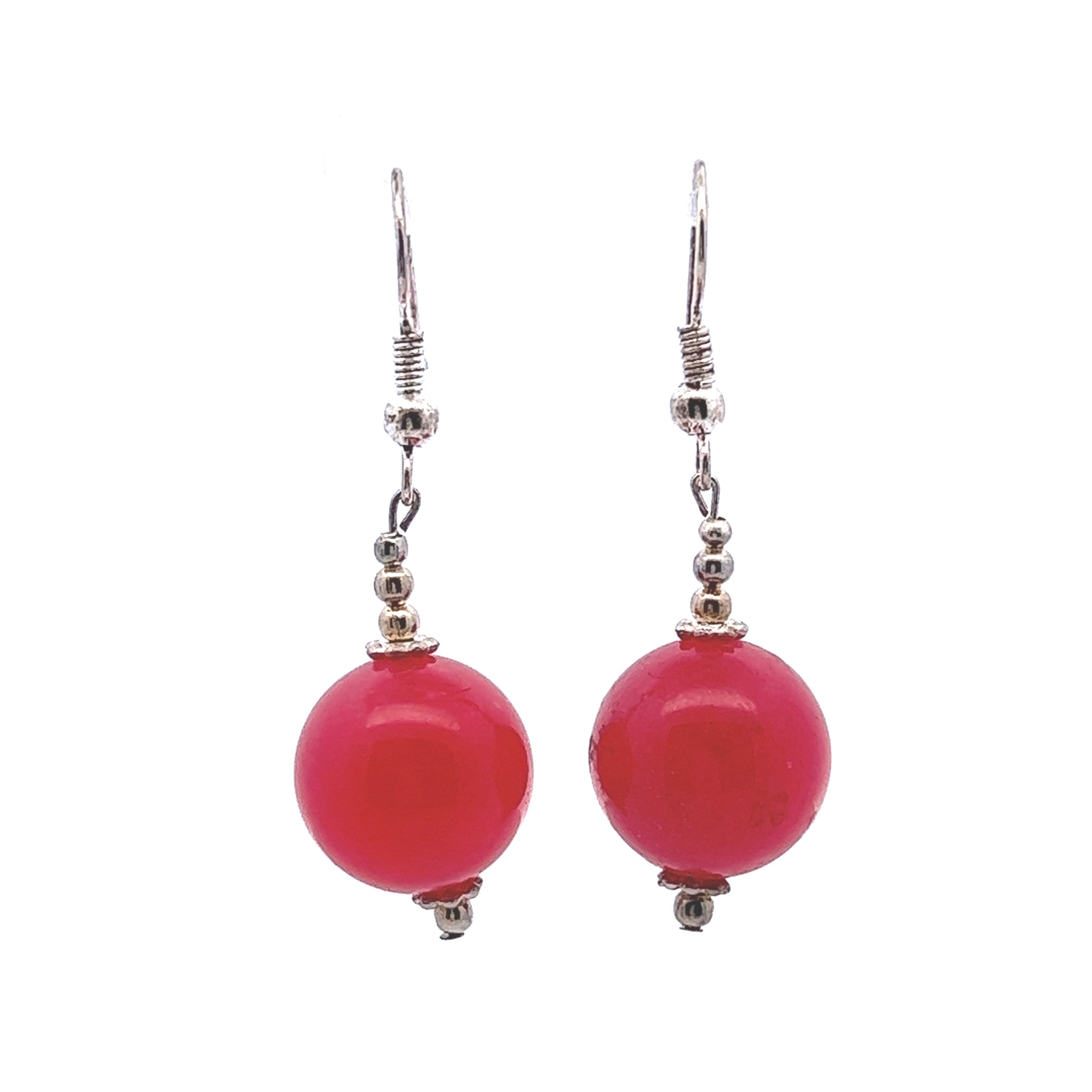 Jade Light Red 14mm Ball Plain Dangle Gemstone Earrings