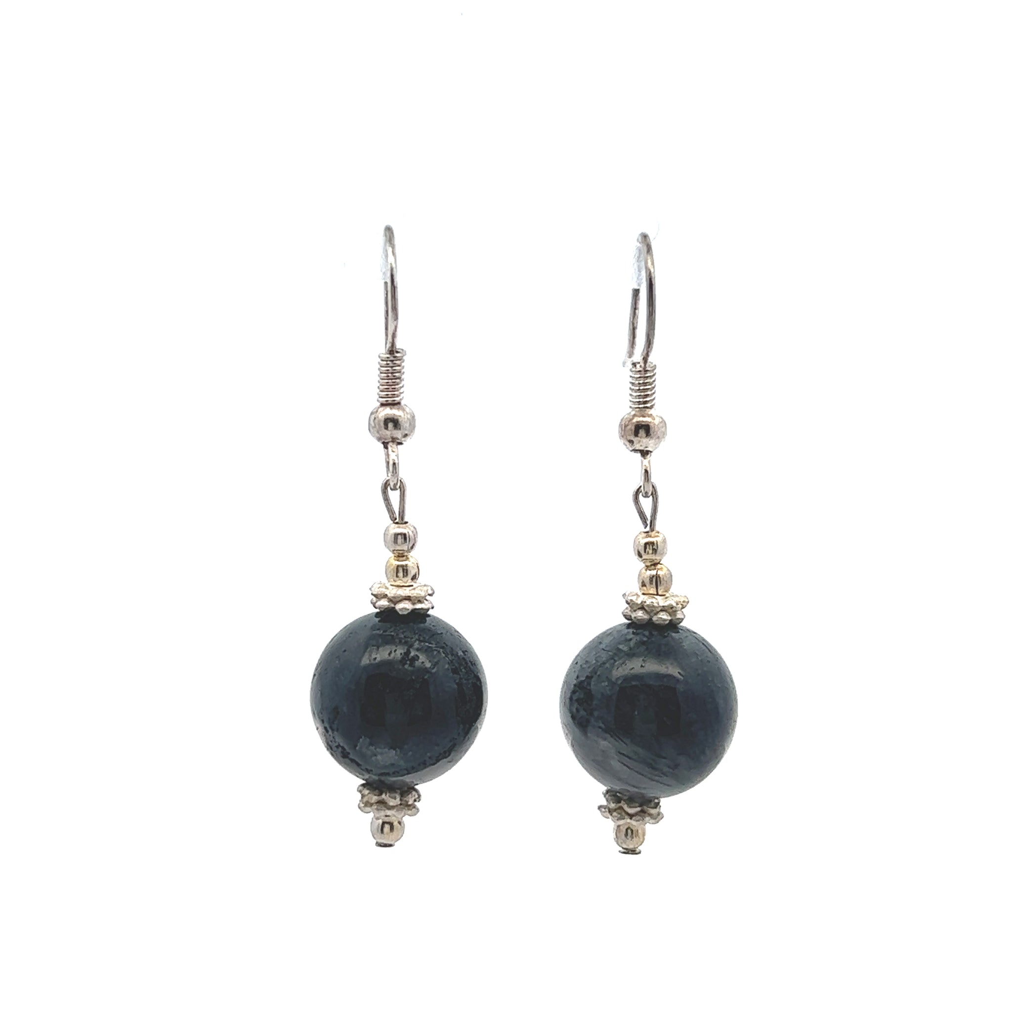 Black Eagle's Eye 12mm Ball Plain Dangle Gemstone Earrings