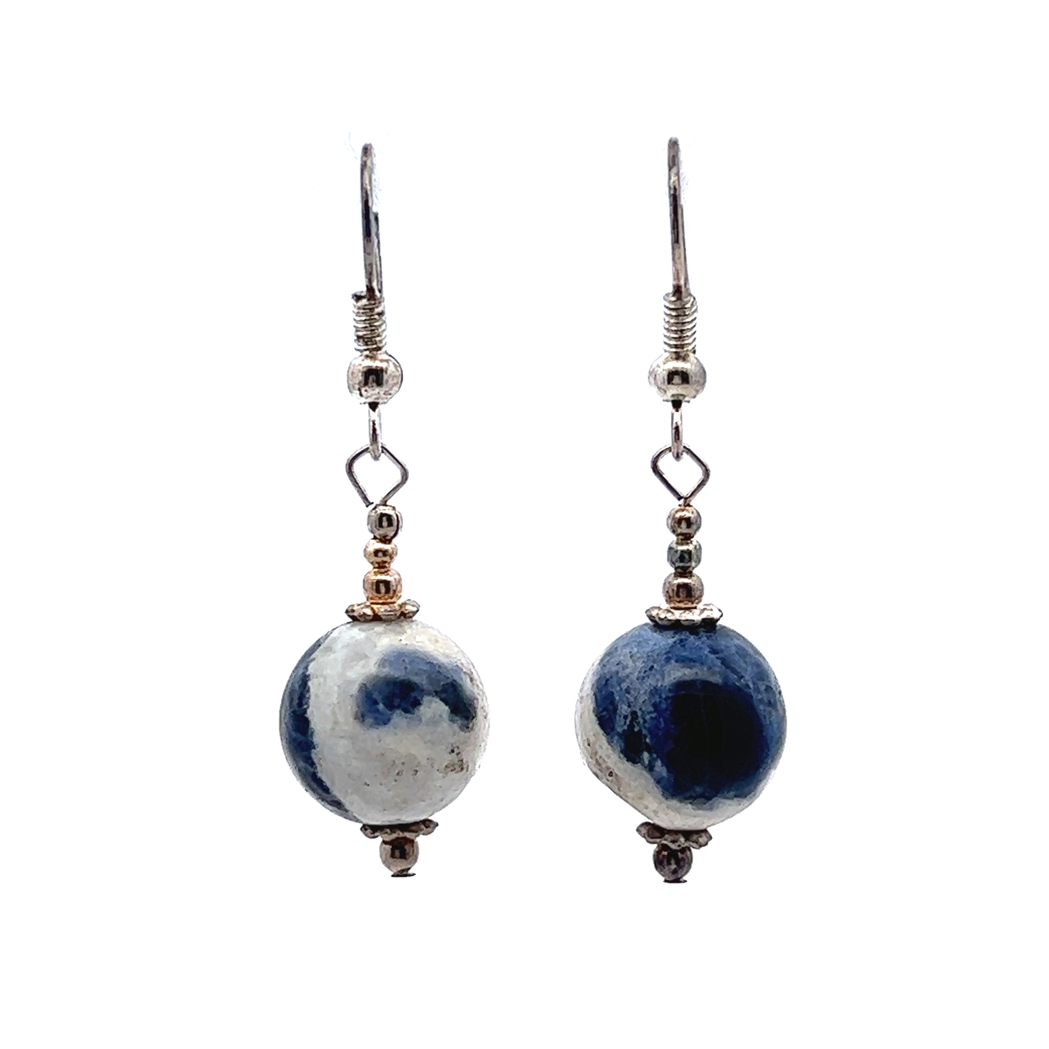 Blue White Sodalite 12mm Ball Plain Dangle Gemstone Earrings