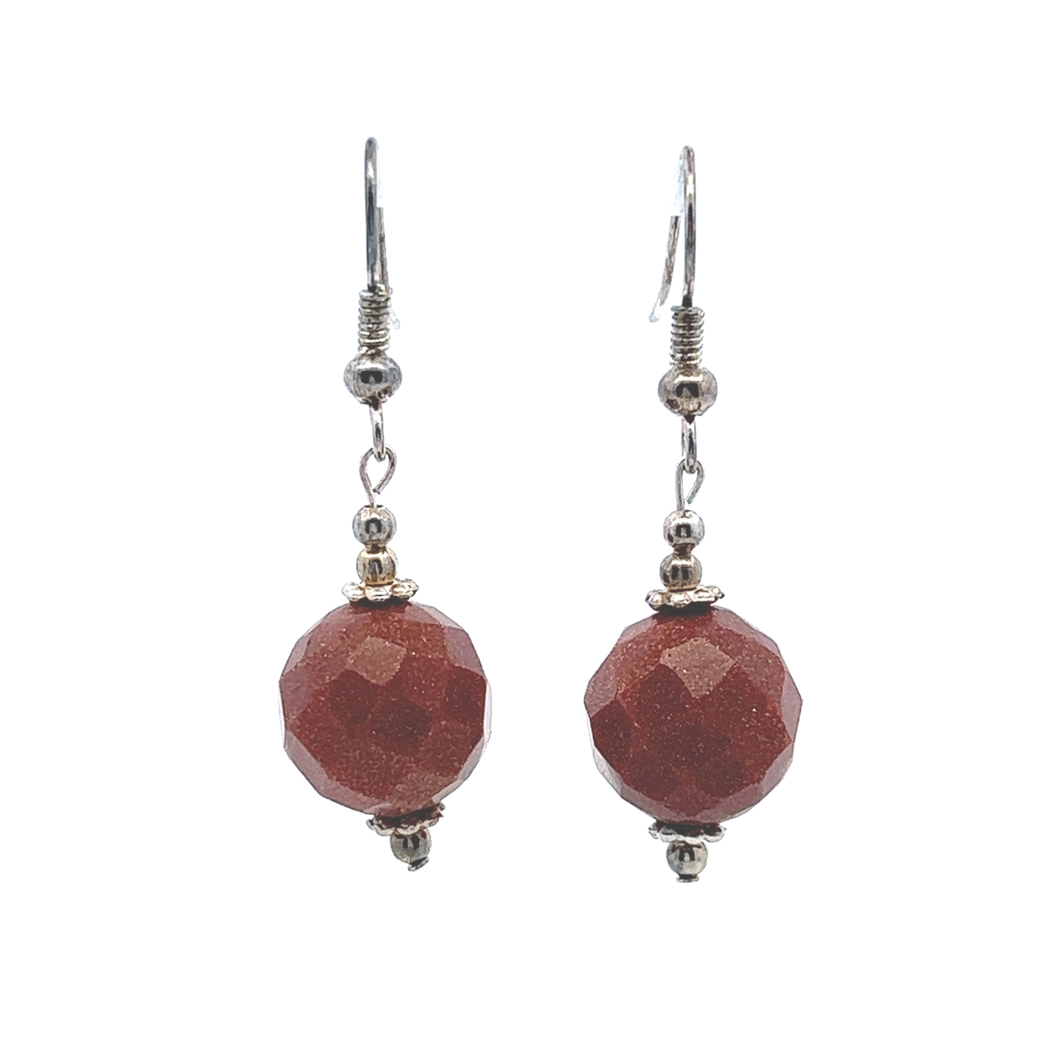 Orangey Brown Sandstone 12mm Ball Facet Dangle Gemstone Earrings