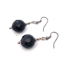 Dark Blue Sandstone 14mm Ball Facet Dangle Gemstone Earrings