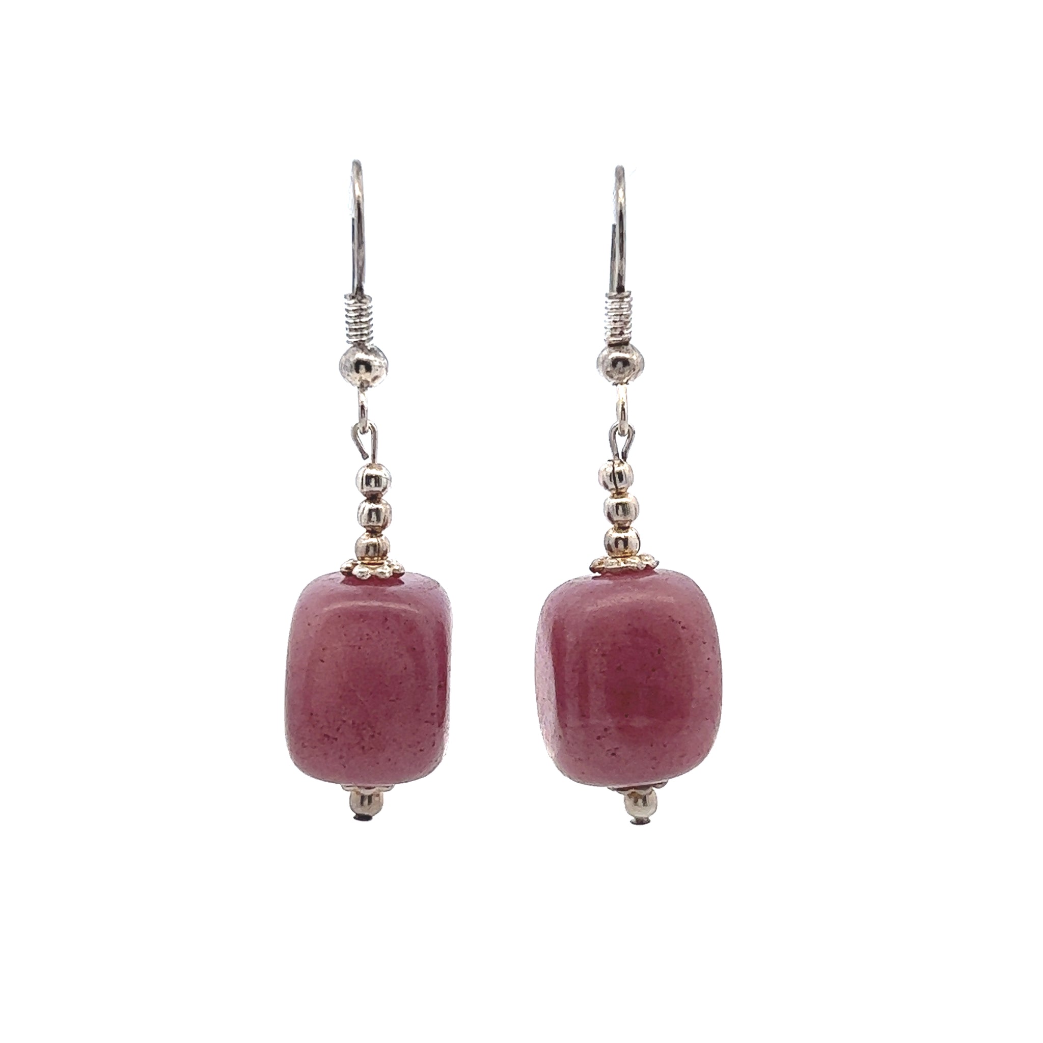 Pink Rhodonite 14x11x10mm Tumble Plain Dangle Gemstone Earrings