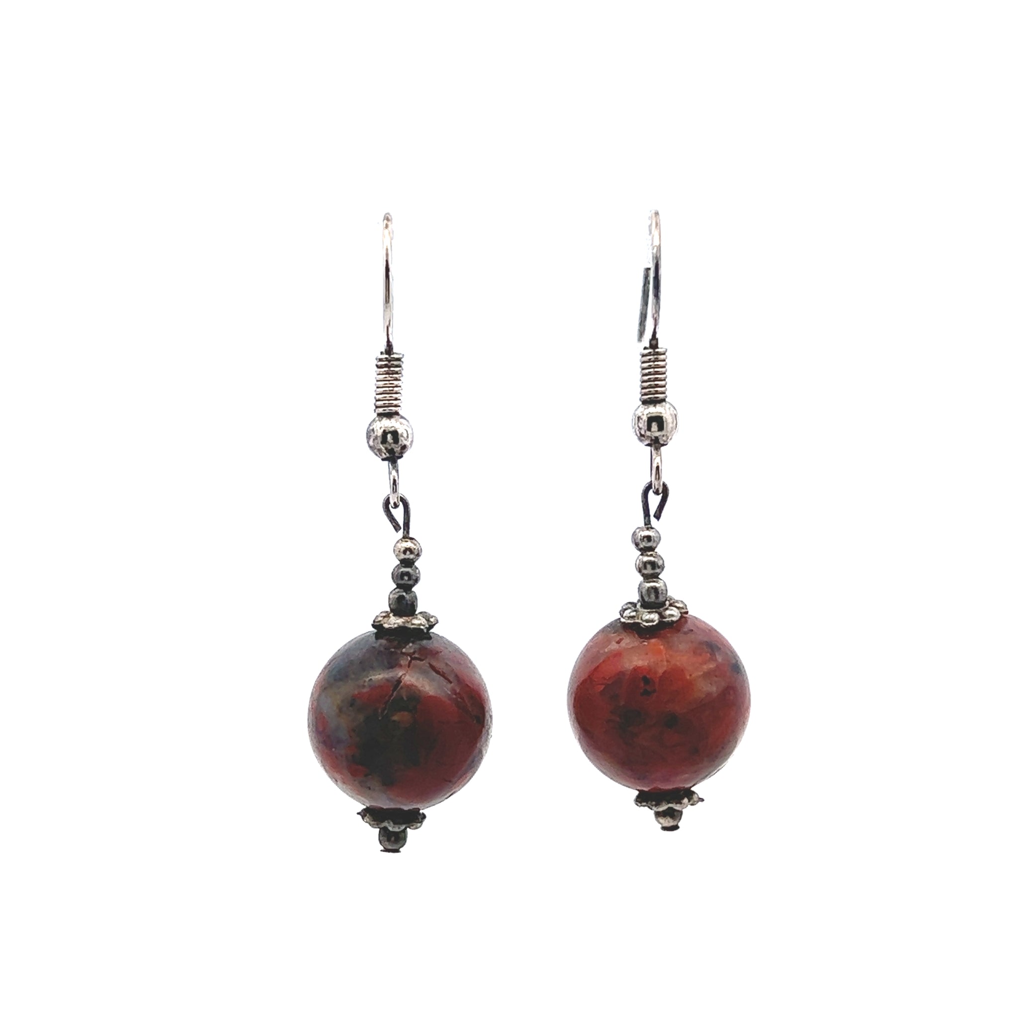 Brown Jasper 12mm Ball Plain Dangle Gemstone Earrings