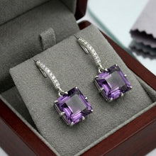 925 Sterling Silver | Amethyst Square Cut Earrings | White Sapphire Accents | Dangle February Birthstone Earrings