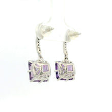 925 Sterling Silver | Amethyst Square Cut Earrings | White Sapphire Accents | Dangle February Birthstone Earrings