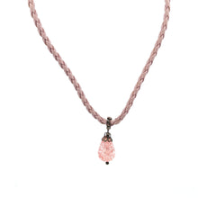 Pendant Necklace Light Pink Glass Stone 16mm Drop Shape With Pink Twisted Cord Designed For Gentle Romantic Styling