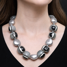 Bold Artisan Beaded Necklace in Simulated Monochrome Agate – Handmade Contemporary Statement Jewelry