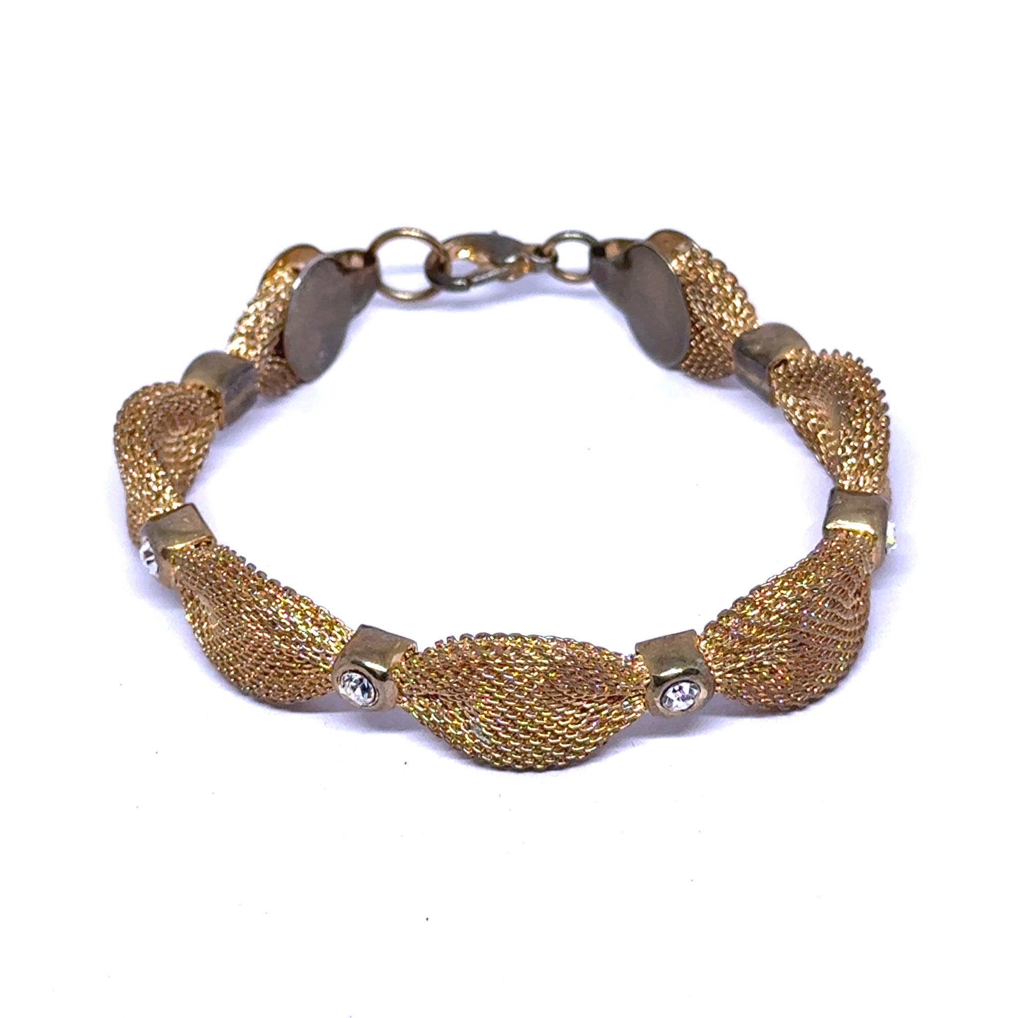 Vintage Art Woven Gold-Tone Mesh Bracelet with Rhinestone Marquise Links
