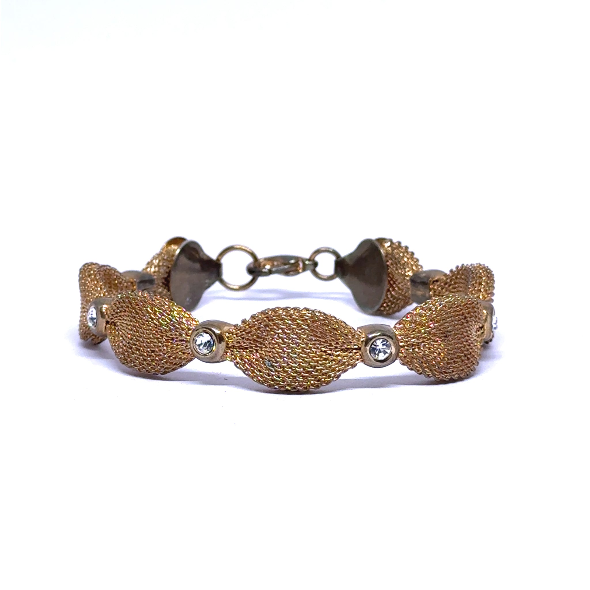 Vintage Art Woven Gold-Tone Mesh Bracelet with Rhinestone Marquise Links