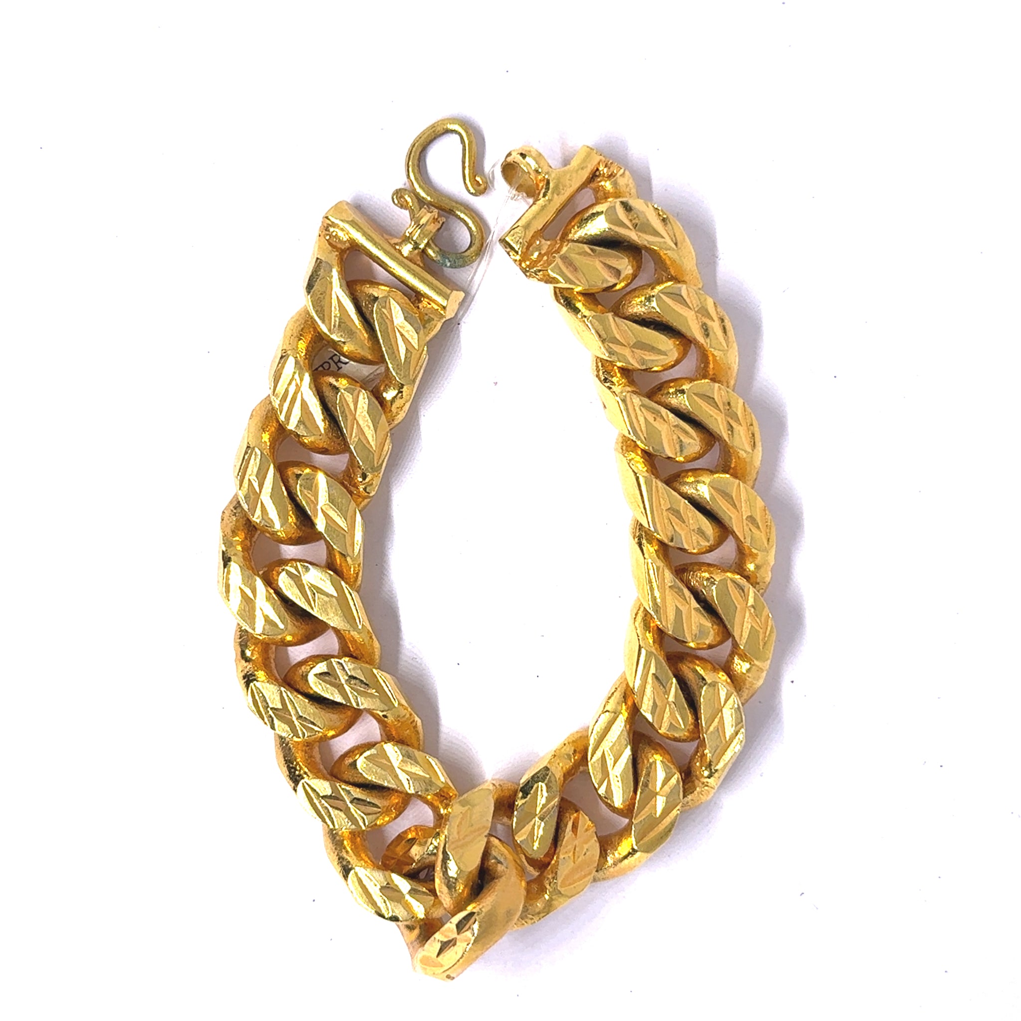 Yellow Gold Plated Modern Chain Bracelet – Diagonal Etched Curb Link Design