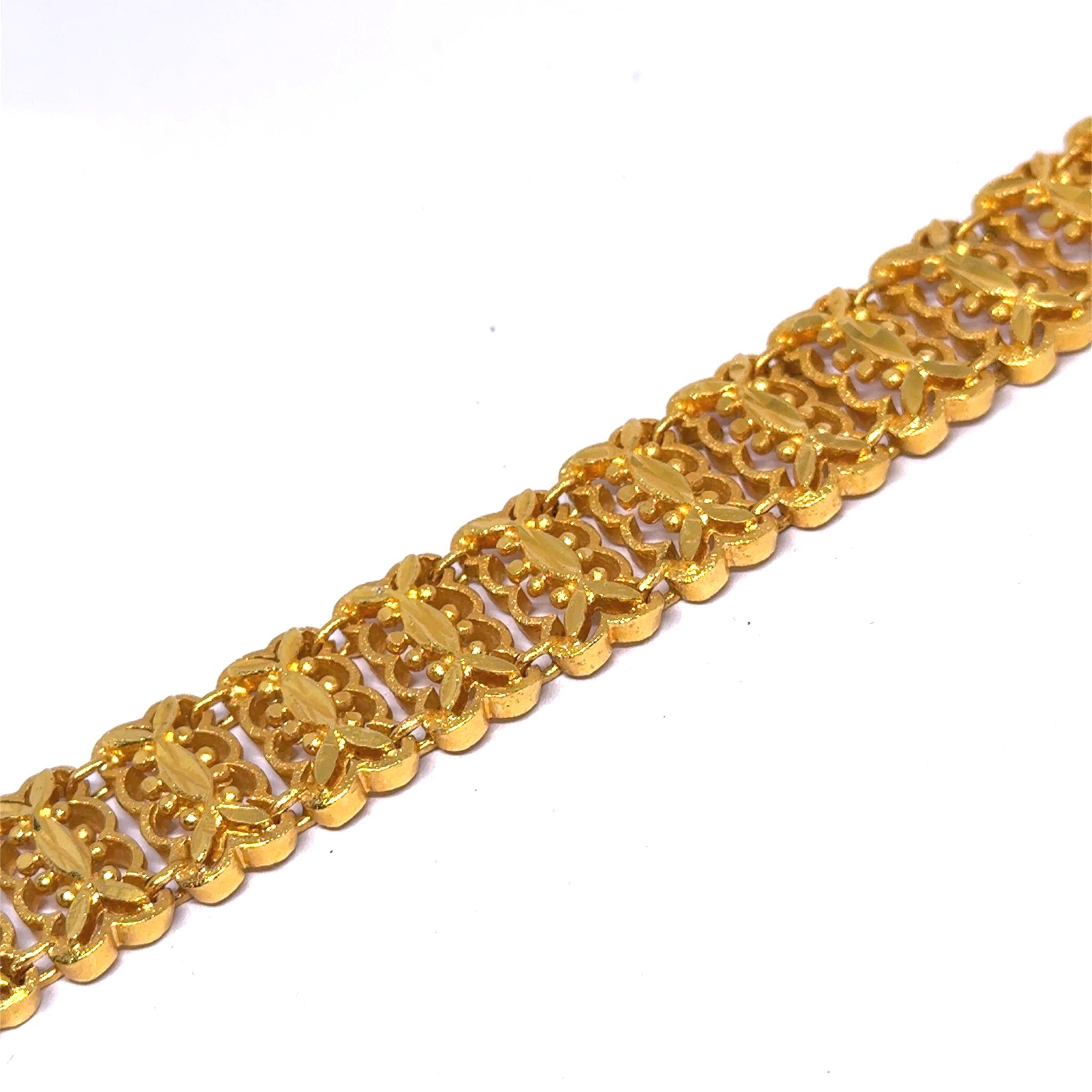 Yellow Gold Plated Nature Bracelet – Textured Leaf Links & Filigree Weave