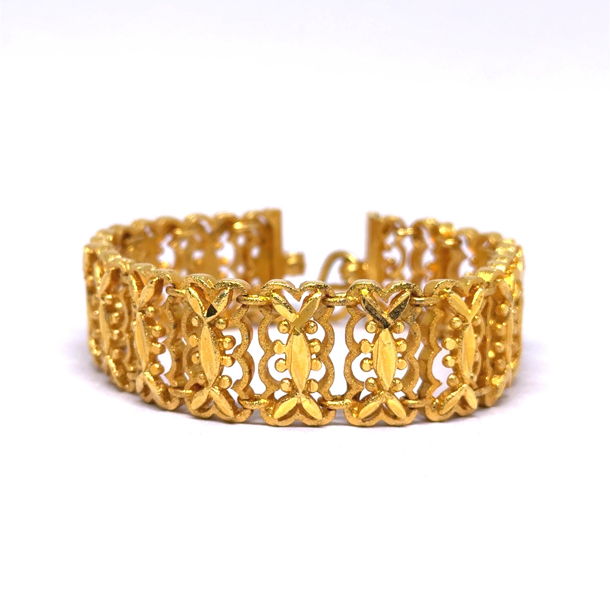 Yellow Gold Plated Nature Bracelet – Textured Leaf Links & Filigree Weave