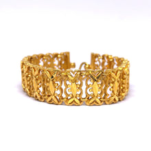 Yellow Gold Plated Nature Bracelet – Textured Leaf Links & Filigree Weave