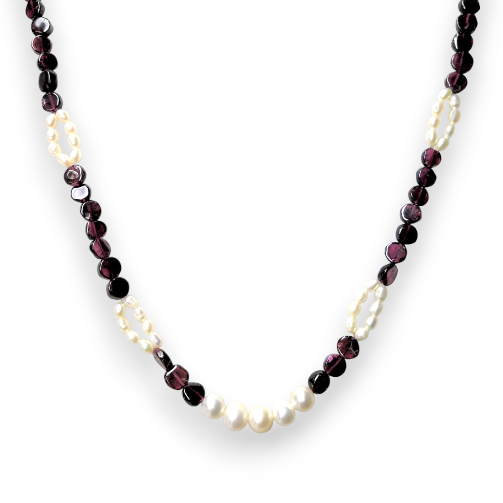 Natural Garnet 6mm Button & Pearl Plain Gemstone Necklace