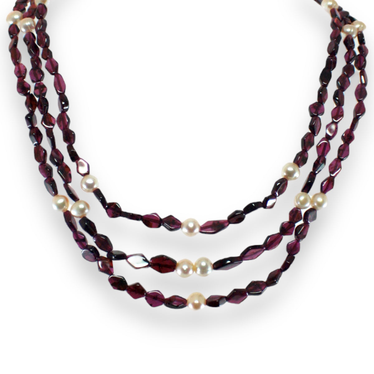 Natural Garnet Fancy 6mm & Pearl Multi Layered Gemstone Necklace