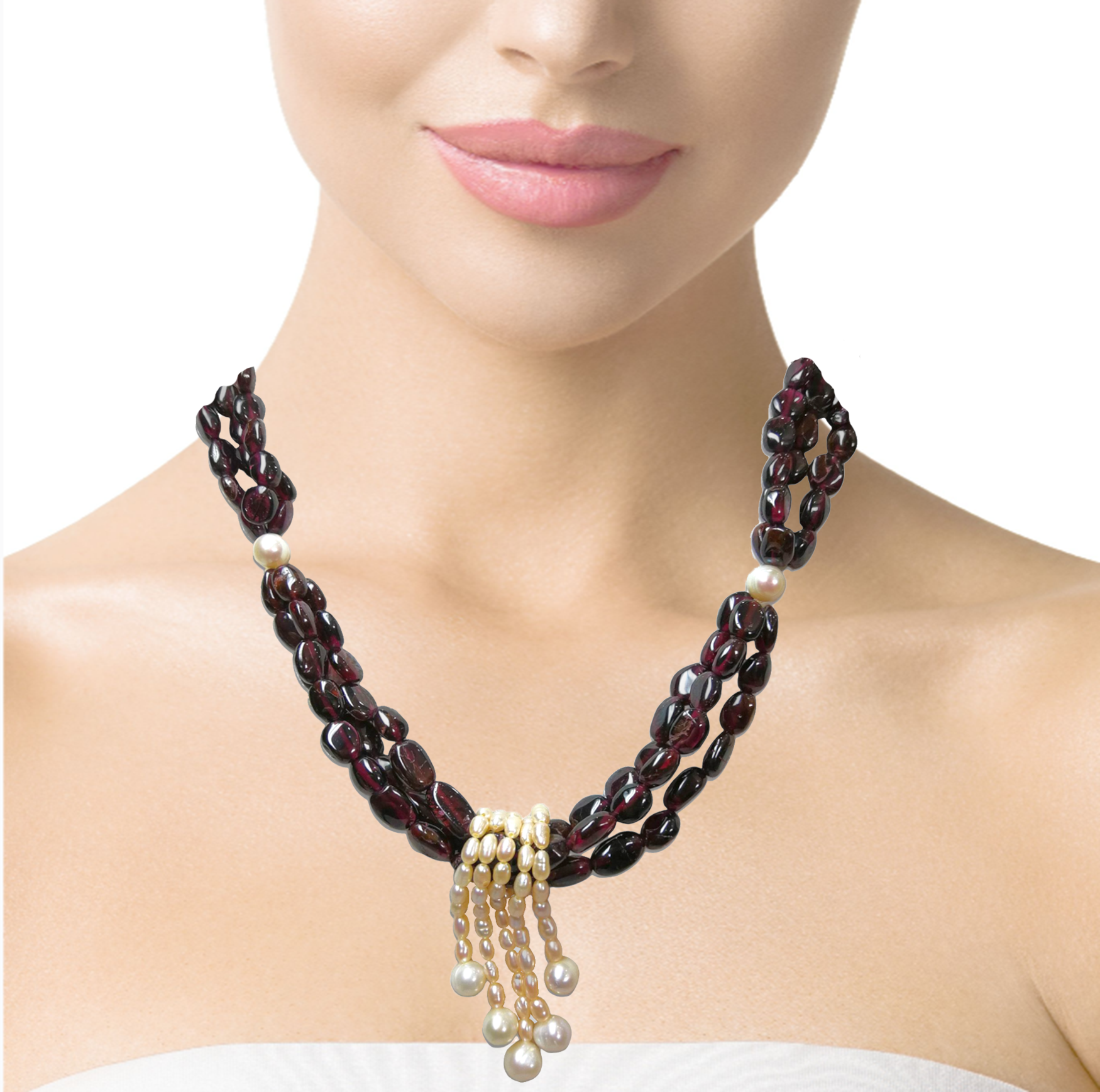 Natural Garnet Mani & Pearl Plain Twisted Gemstone Necklace