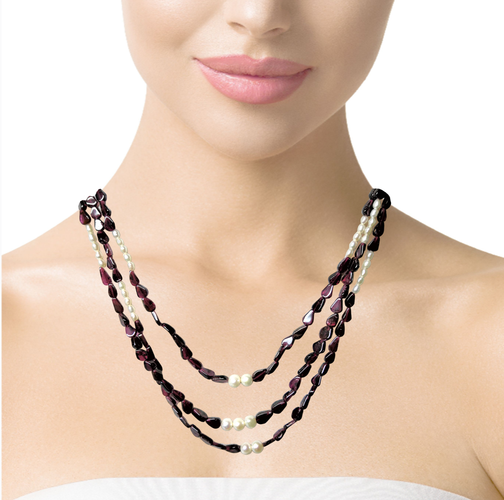 Natural Garnet Pear & Pearl Layered Gemstone Necklace