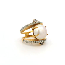 18K Yellow Gold Mabe Pearl and Natural Diamond Cocktail Ring | Bold Sculptural Crossover Statement Jewelry