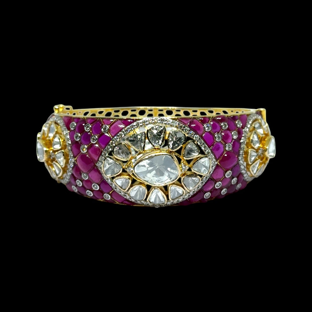 14K Yellow Gold Diamond Polki Open Cuff Bangle – Royal Wristwear Kundan-Meena Collection