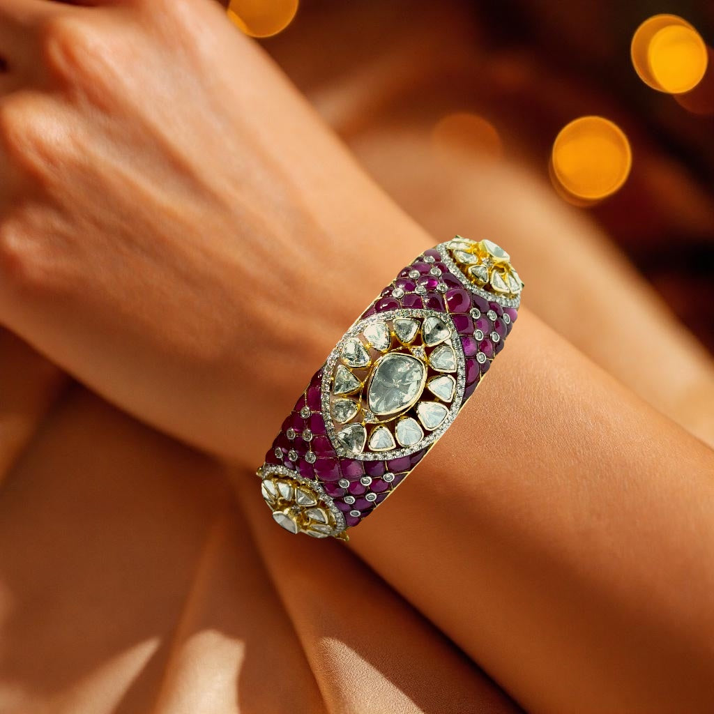 14K Yellow Gold Diamond Polki Open Cuff Bangle – Royal Wristwear Kundan-Meena Collection