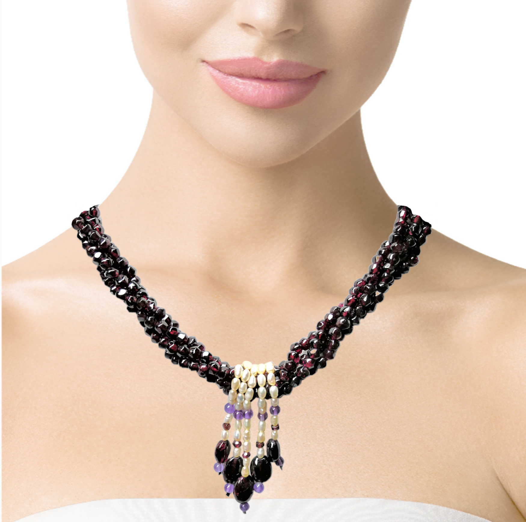 Natural Handmade Necklace 16"-18" Garnet, Pearls, Amethyst Gemstone Beads Jewellery
