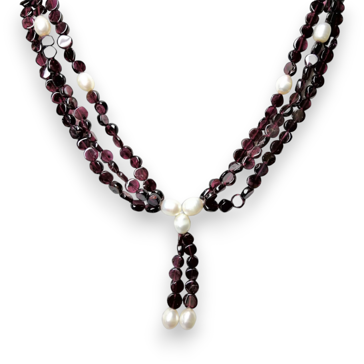 Natural Garnet Button 6mm & Plain Pearl Twisted Gemstone Necklace