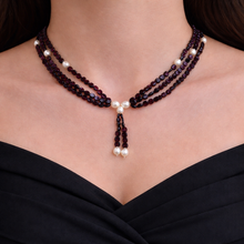 Natural Garnet Button 6mm & Plain Pearl Twisted Gemstone Necklace