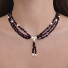 Natural Garnet Button & Plain Pearl Twisted Gemstone Necklace