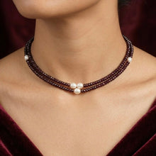 Natural Garnet Tyre & Plain Pearl Duo Strand Gemstone Necklace