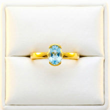 9K Yellow Gold Solitaire Ring | Natural Blue Topaz Open Bezel Setting | Modern Minimal Design Jewelry